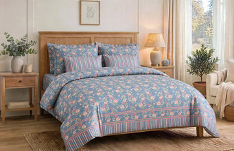 Bedsheet 5 piece dusty blue peach roses vine