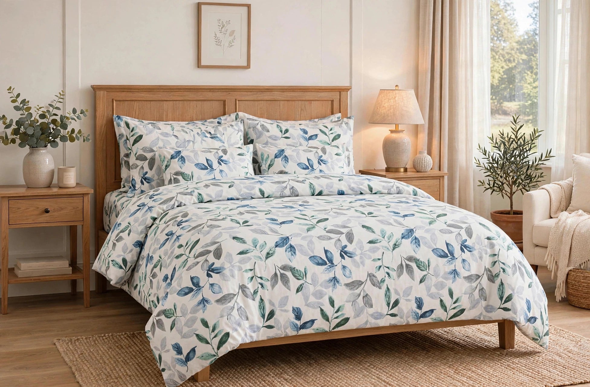 Comforter set 6 piece blue leaf