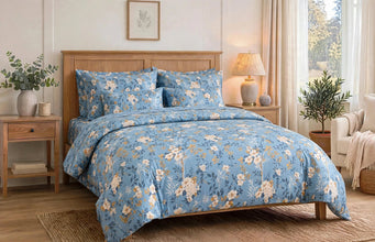 Bedsheet 5 pieces sky blue with cream and mustard flowers