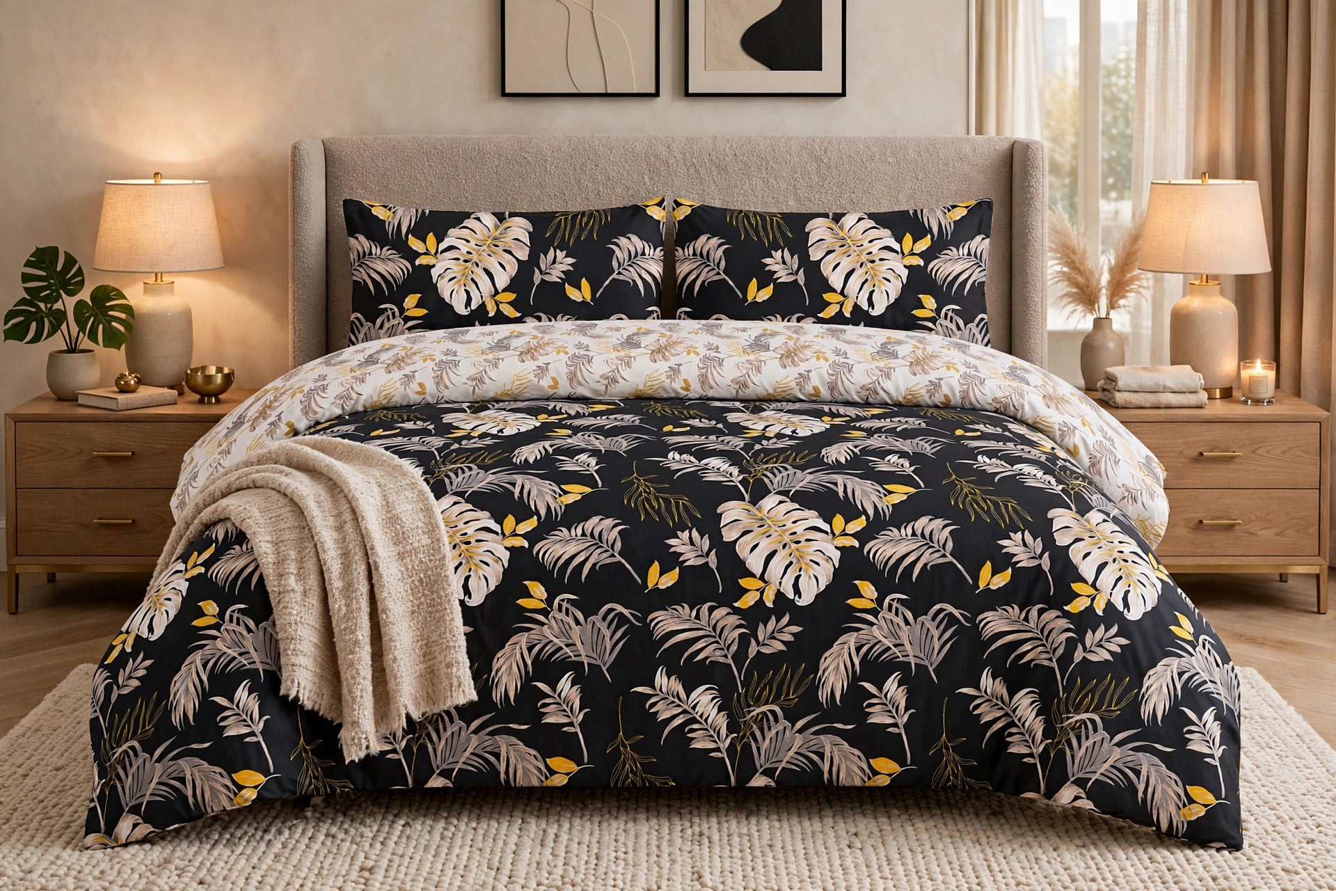 Comforter set 6 piece black leaf