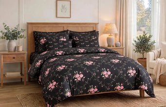 Bedsheet 5 pieces black with pink floral treills
