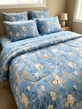 Bedsheet 5 pieces sky blue with cream and mustard flowers