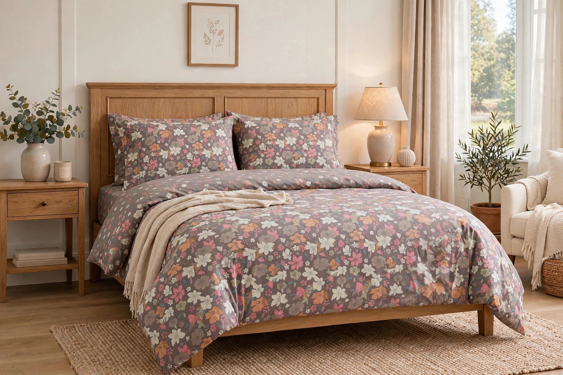Comforter set floral tea pink